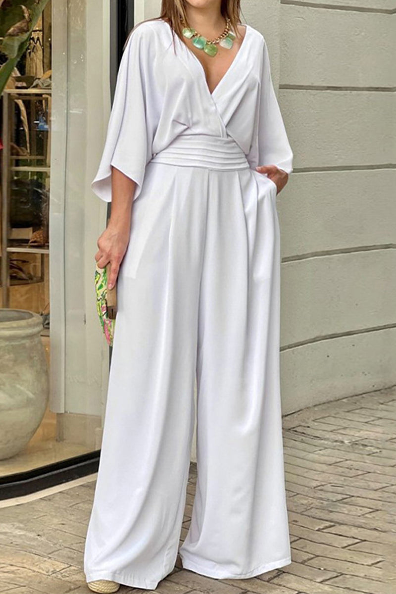 Elegante mono holgado con escote liso plisado en V Elena™