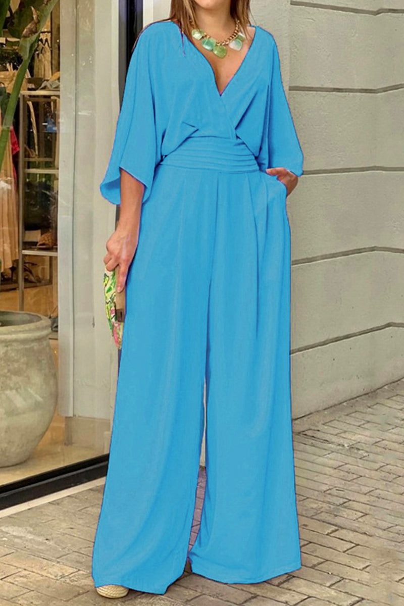 Elegante mono holgado con escote liso plisado en V Elena™