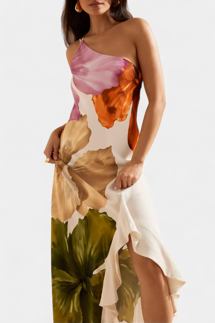 Vestido Almudena Elegante con Patchwork y Cuello Asimétrico