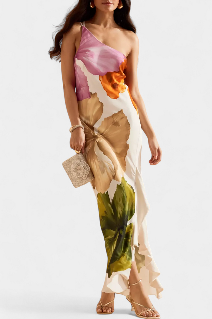 Vestido Almudena Elegante con Patchwork y Cuello Asimétrico