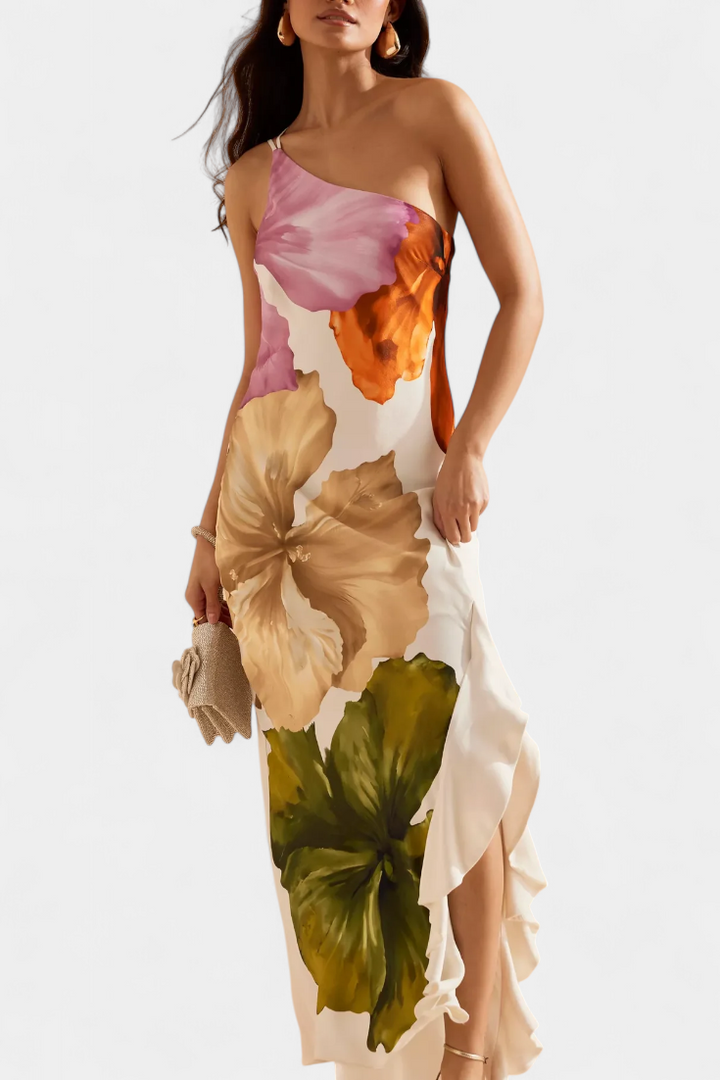 Vestido Almudena Elegante con Patchwork y Cuello Asimétrico