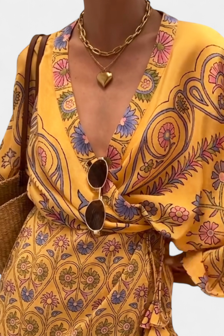 Vestido Candela Boho con Estampado Floral y Escote en V Cruzado