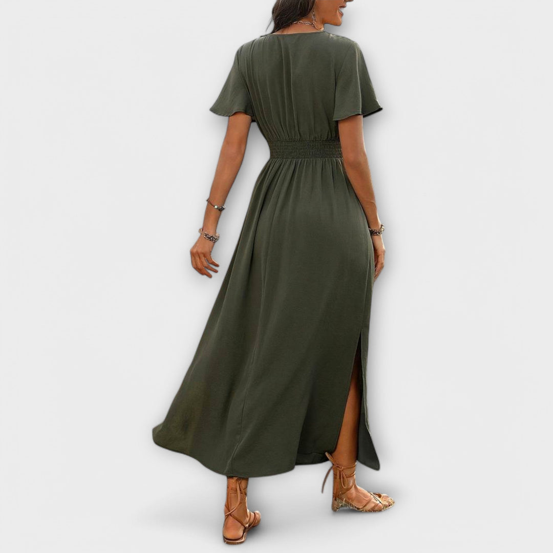 Heather - Elegante vestido boho con escote en V y mangas largas