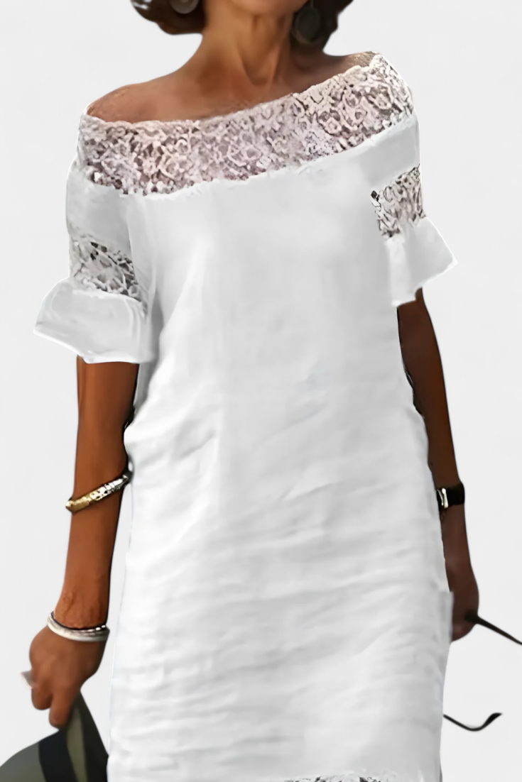 Vestido Lucia Casual de Lino con Encaje y Cuello Barco