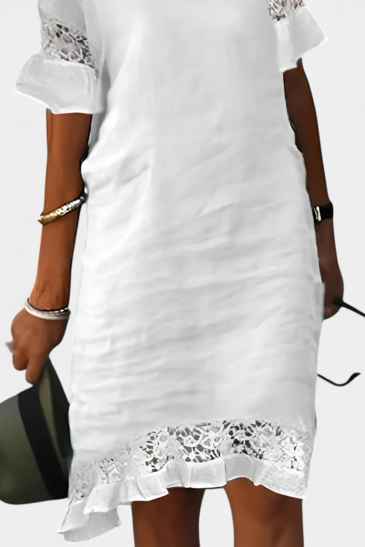Vestido Lucia Casual de Lino con Encaje y Cuello Barco