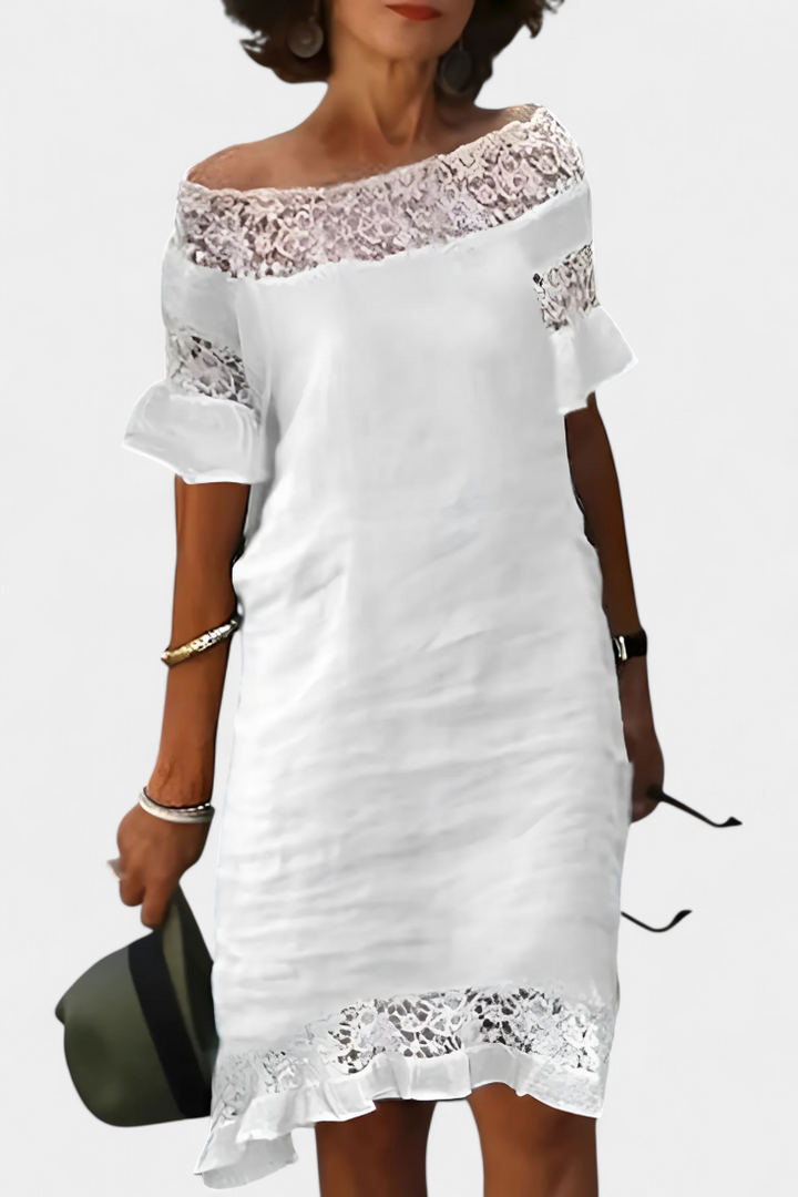 Vestido Lucia Casual de Lino con Encaje y Cuello Barco