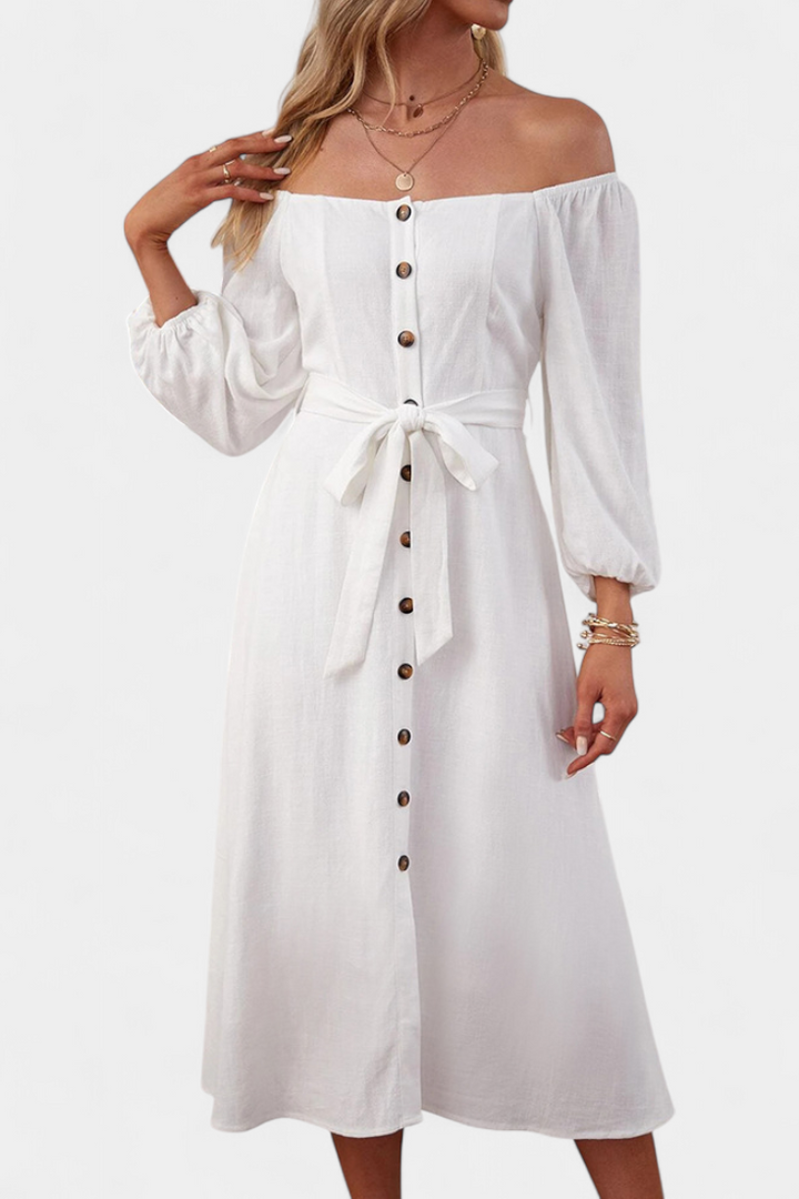 Vestido Leonor de Hombros Descubiertos con Botones y Lazo Frontal