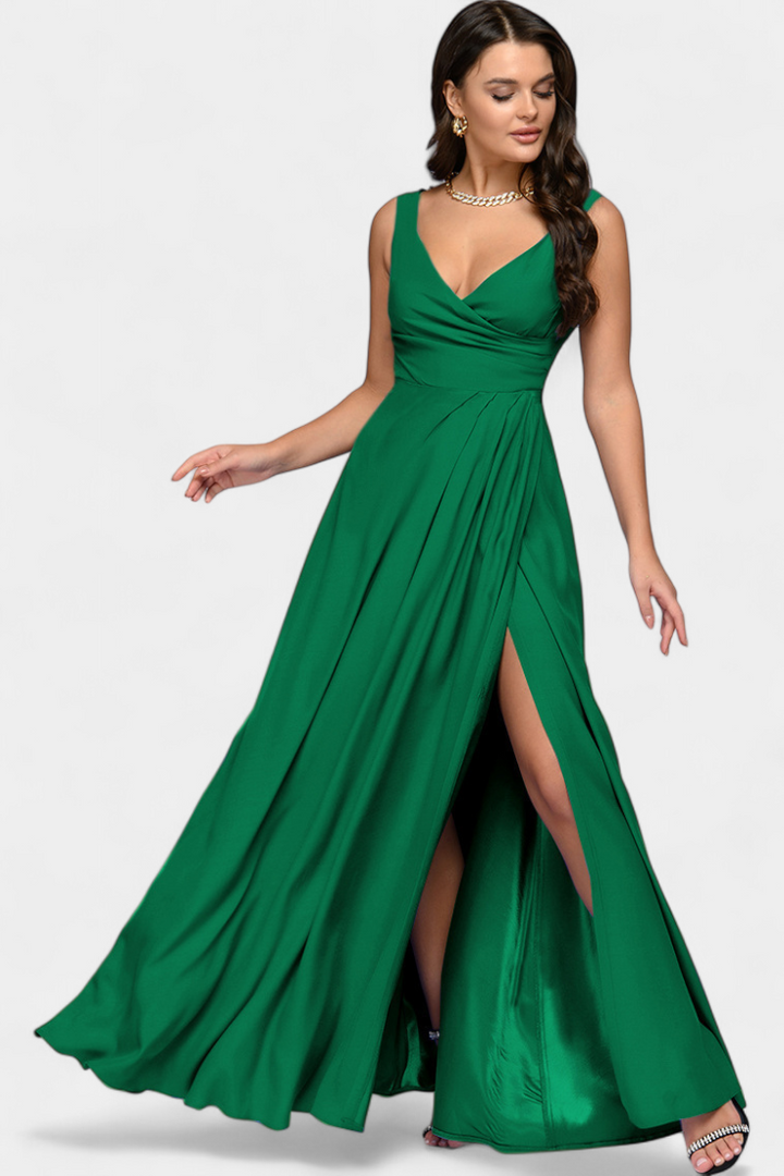 Vestido Elisa Largo con Drapeado Frontal y Escote Cruzado