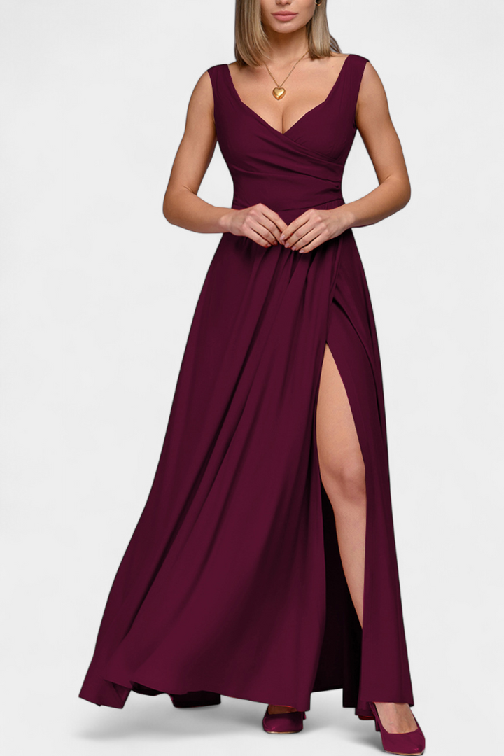 Vestido Elisa Largo con Drapeado Frontal y Escote Cruzado