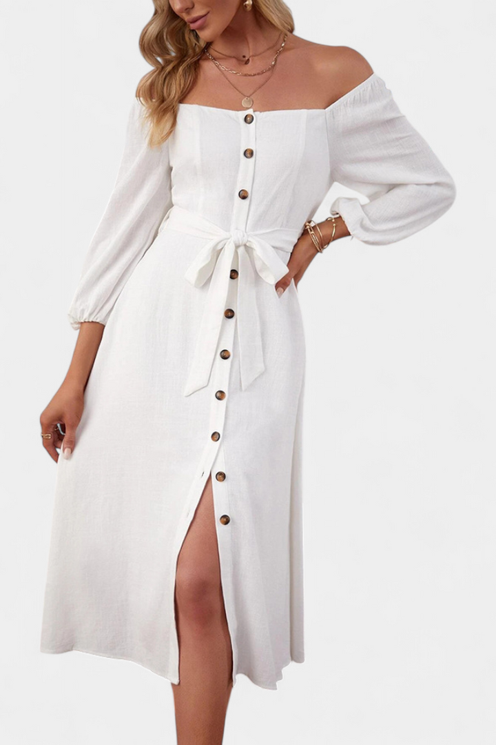 Vestido Leonor de Hombros Descubiertos con Botones y Lazo Frontal