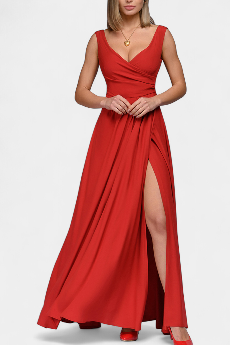 Vestido Elisa Largo con Drapeado Frontal y Escote Cruzado