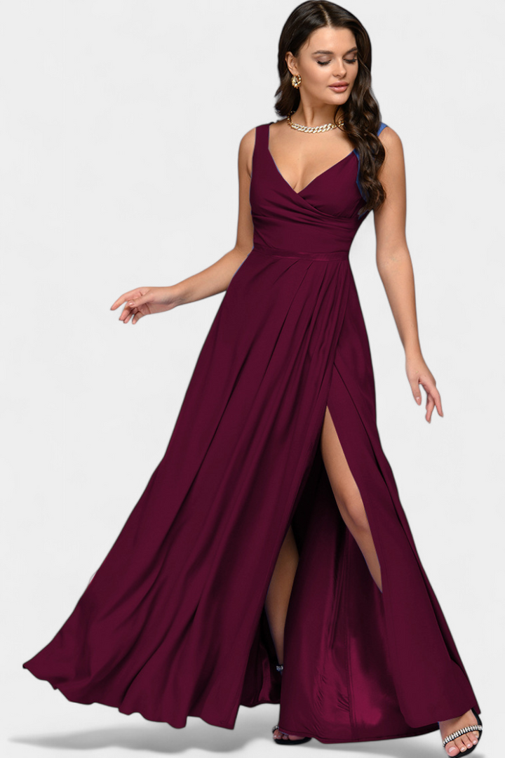 Vestido Elisa Largo con Drapeado Frontal y Escote Cruzado