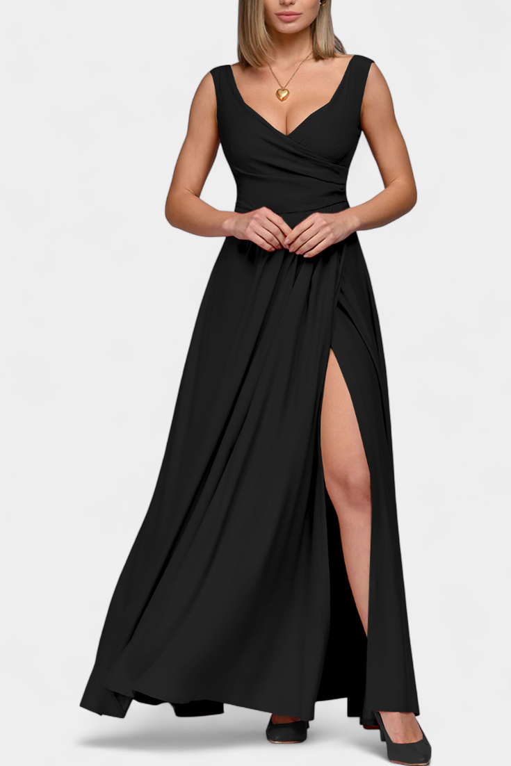 Vestido Elisa Largo con Drapeado Frontal y Escote Cruzado