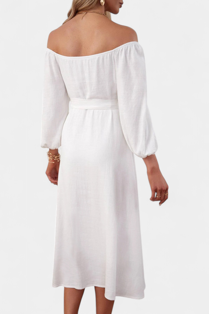 Vestido Leonor de Hombros Descubiertos con Botones y Lazo Frontal