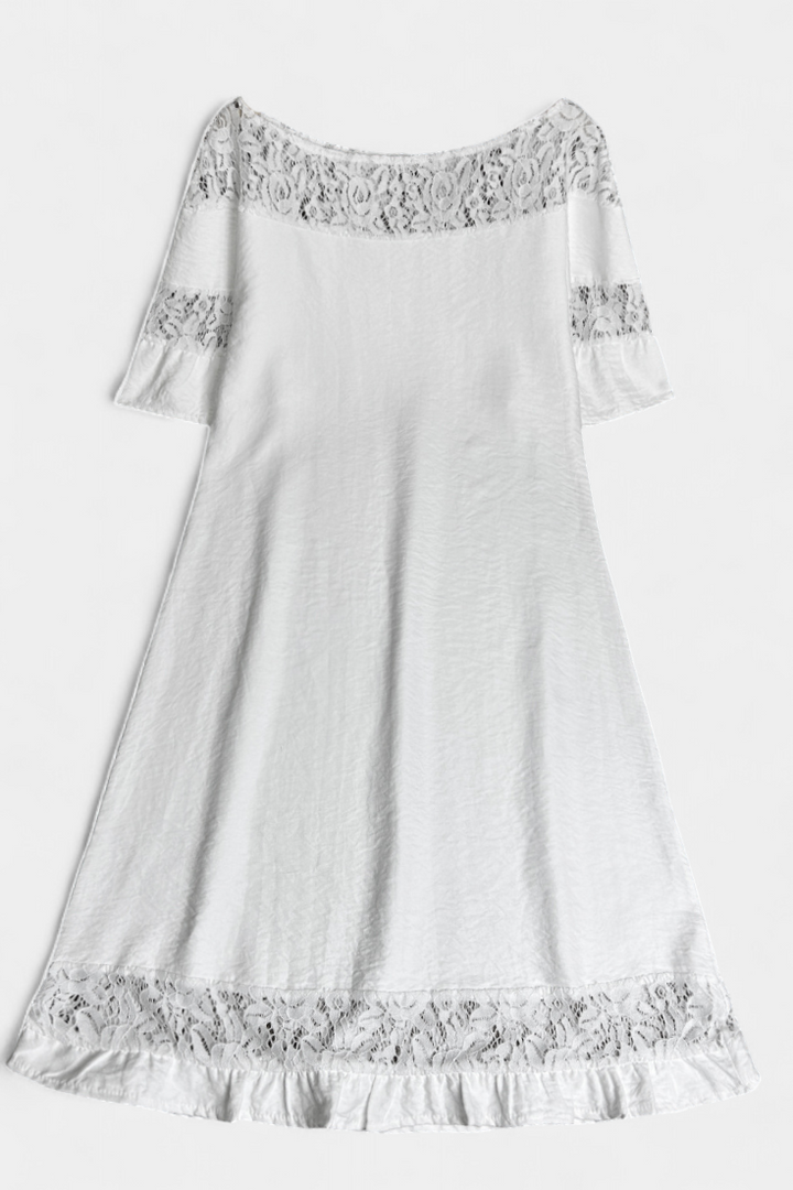 Vestido Lucia Casual de Lino con Encaje y Cuello Barco