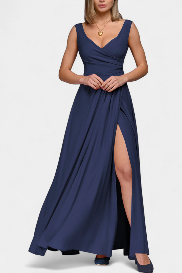 Vestido Elisa Largo con Drapeado Frontal y Escote Cruzado