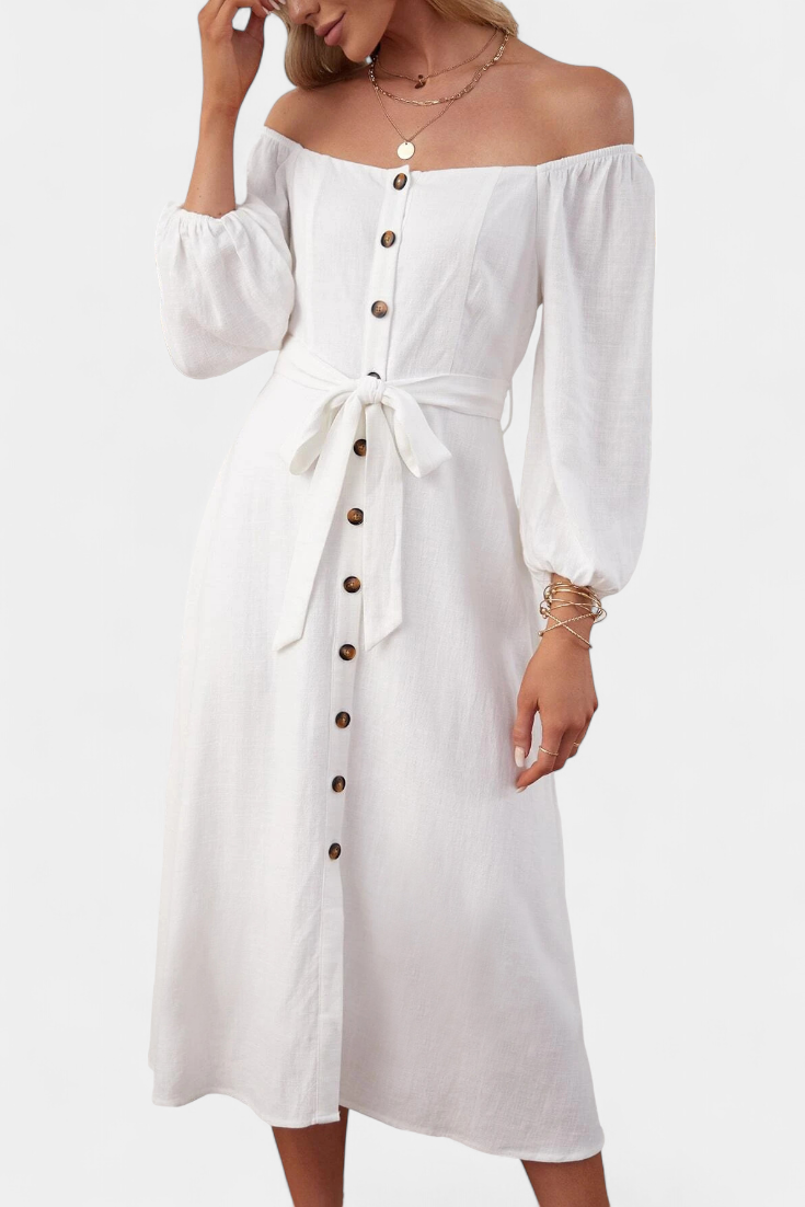Vestido Leonor de Hombros Descubiertos con Botones y Lazo Frontal