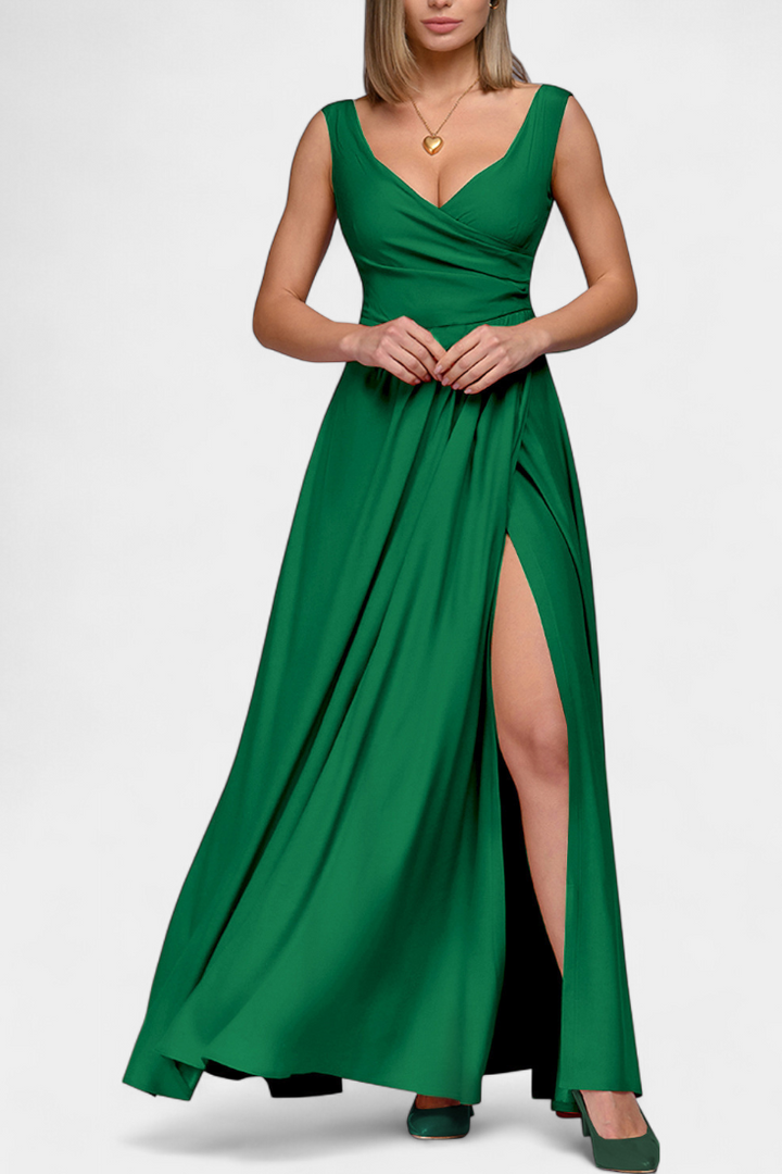 Vestido Elisa Largo con Drapeado Frontal y Escote Cruzado