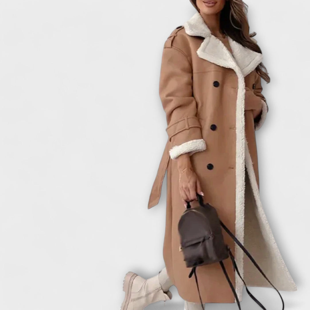 Maria – Chaqueta clásica larga con forro de felpa y cuello de oso de peluche