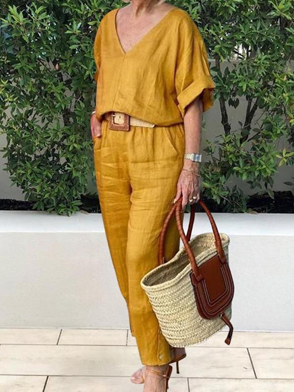 Conjunto Casual de Algodón y Lino con Blusa en V y Pantalón Ourense™