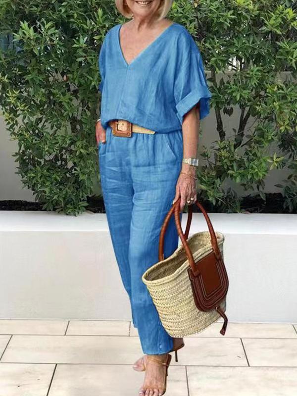 Conjunto Casual de Algodón y Lino con Blusa en V y Pantalón Ourense™