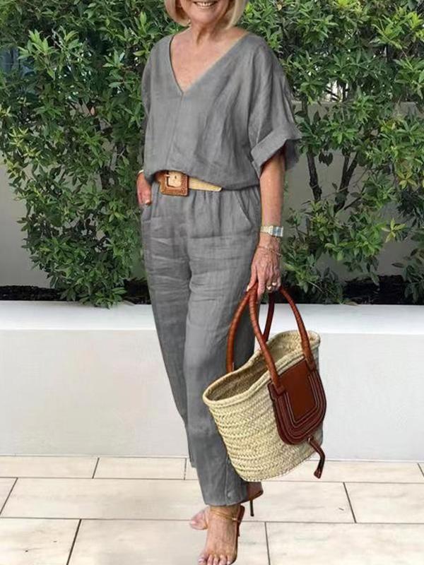 Conjunto Casual de Algodón y Lino con Blusa en V y Pantalón Ourense™