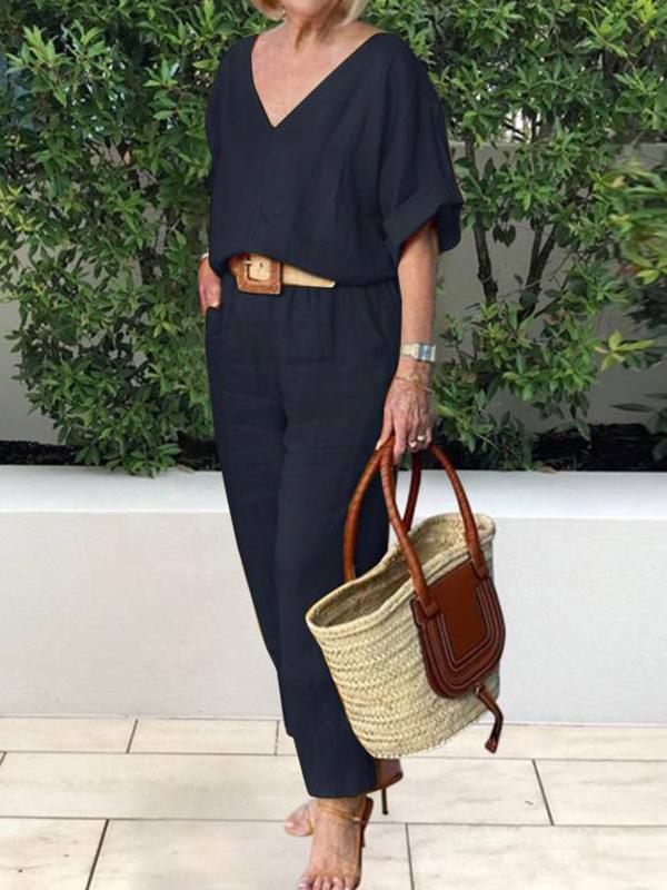 Conjunto Casual de Algodón y Lino con Blusa en V y Pantalón Ourense™