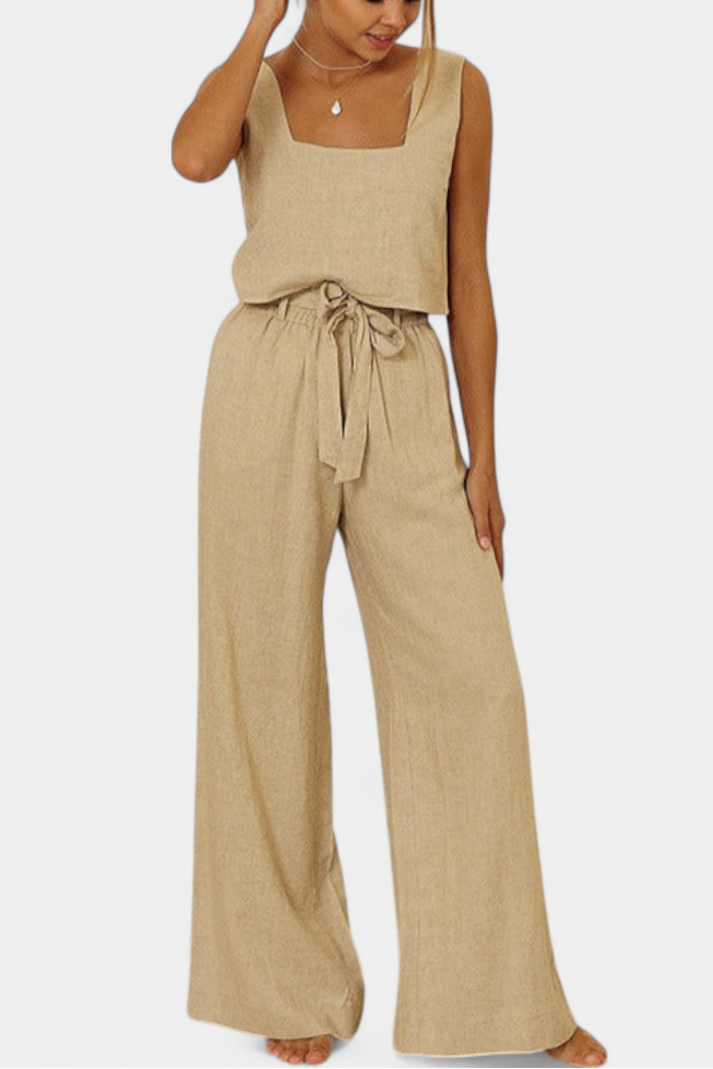 Pascuala | Conjunto de Lino de Dos Piezas con Blusa sin Mangas y Pantalón Fluido