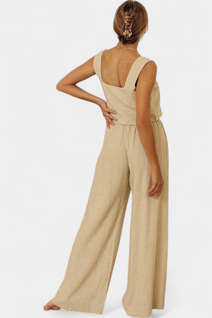 Pascuala | Conjunto de Lino de Dos Piezas con Blusa sin Mangas y Pantalón Fluido