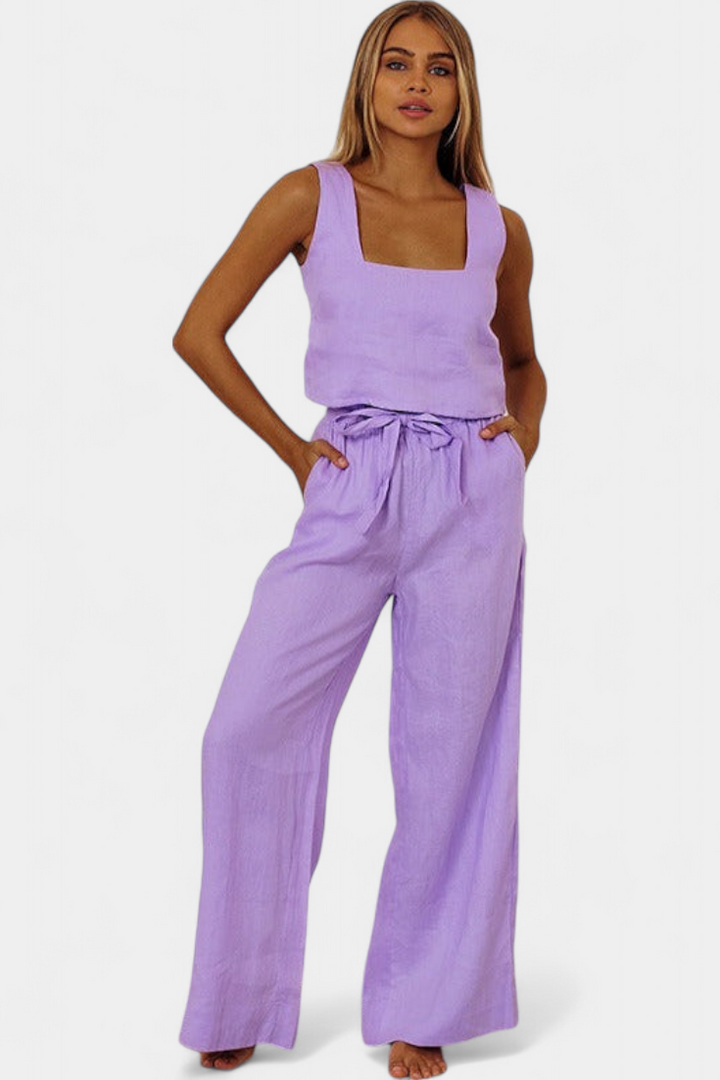 Pascuala | Conjunto de Lino de Dos Piezas con Blusa sin Mangas y Pantalón Fluido